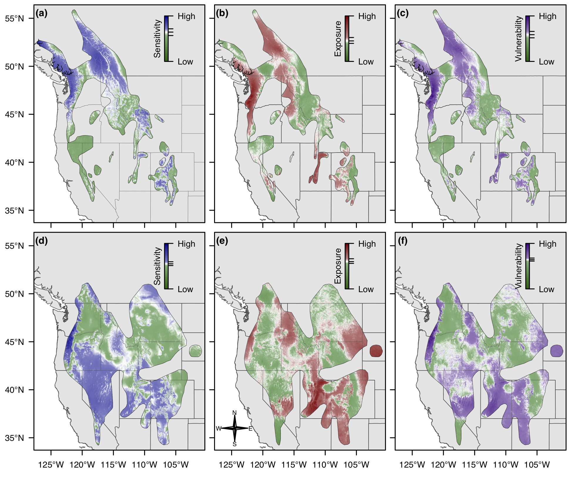 Climate sensitivity, exposure, and vulnerability of <i>O. princeps</i> and <i>M. flaviventris</i>.